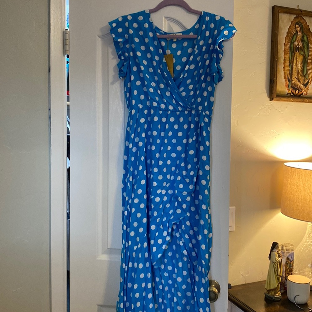 NWT Blue with white polka dots faux wrap dress